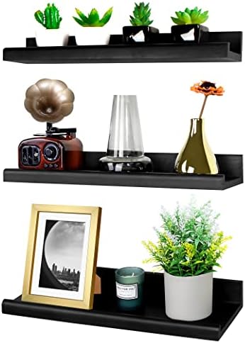 Annecy Floating Shelves Wall Mounted Set of 3, 16 Inch Black Rustic Wood Shelves for Wall, Wall Storage Shelves with Guardrail Design for Bedroom, Bathroom, Kitchen, Office, 3 Different Sizes