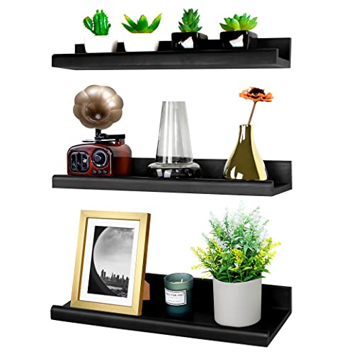 Annecy Floating Shelves Wall Mounted Set Of 3, 16 Inch Black Rustic Wood Shelves For Wall, Wall Storage Shelves With Guardrail Design For Bedroom, Bathroom, Kitchen, Office, 3 Different Sizes #TOP12