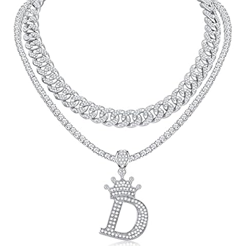 Honsny Cuban Link Chain For Women Men Silver Crown Initial Pendant Necklace Iced Out Miami Bling Diamond Tennis Chain Necklaces A-Z Letter Pendant Rapper Hip Hop Jewelry, Brass, Cubic Zirconia Cover