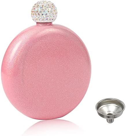 INTOR Liquor Flask for Women, 5oz 304 Stainless Steel Portable Hip Liquor Flask, Cute Shiny Leak-proof Pocket Flask with Funnel Crystal Cap (Pink)
