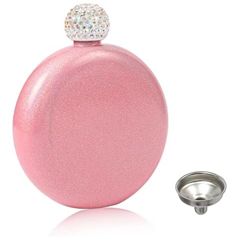 INTOR Liquor Flask for Women, 5oz 304 Stainless Steel Portable Hip Liquor Flask, Cute Shiny Leak-Proof Pocket Flask with Funnel Crystal Cap (Pink) Cover