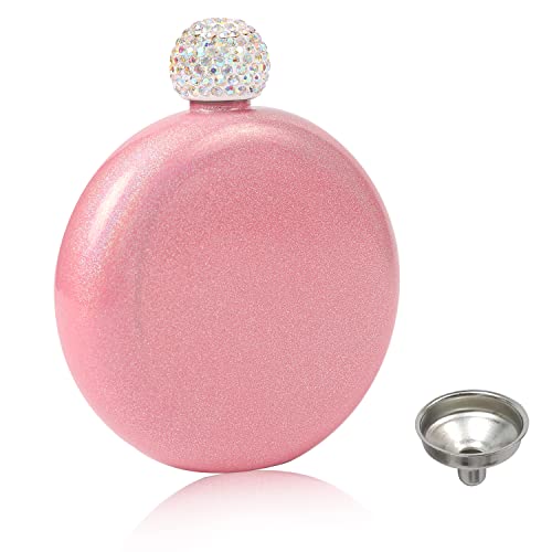 Intor Liquor Flask For Women, 5Oz 304 Stainless Steel Portable Hip Liquor Flask, Cute Shiny Leak-Proof Pocket Flask With Funnel Crystal Cap (Pink) #TOP1