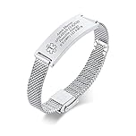 PJ JEWELLERY Personalised Medical Alert Bracelet for Women - Customised Silver Stainless Steel Mesh Wire Belt Buckle Watchband Medical Identification Emergency SOS Bracelet Adjustable