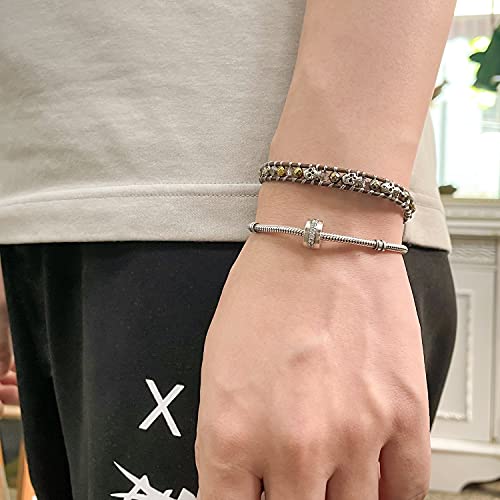 Image of KELITCH 925 Silver Skull Bracelets Wrap Bracelets Women Crystal Beaded Bracelets on Natural Leather