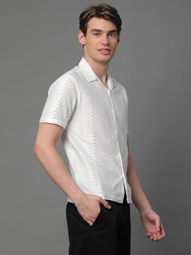 Image of Voroxy Poly Cotton Casual Loose Fit Shirts for Men with Stylish Structural Pattern Office & Formal Shirt with Branded Cuban Collar Style Half Sleeves Comfortable Wear