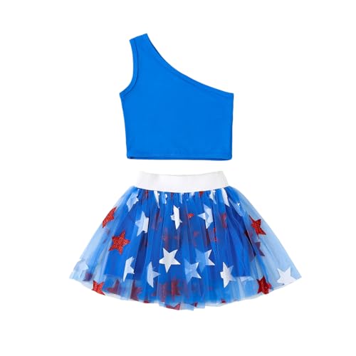 Image of Kayotuas Toddler Baby Girl 4th of July Outfit American Flag Shirt Red Blue Stars Tulle Tutu Skirts Kids Fourth of July Dress