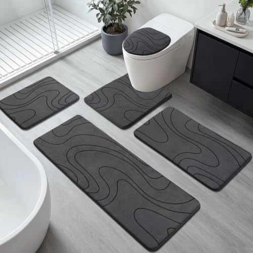 YIHOUSE Bathroom Rugs Sets 5 Piece - Thick Memory Foam Bath Mat, Dark Grey