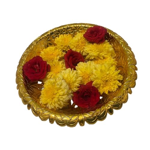 Image of SereneCorner Exquisite Golden Round Serving Tray, Multipurpose and Decorative with Sturdy Built Intricate Design, Home Use, Perfect for Gifting, Weddings, and Festive Celebrations, Gold