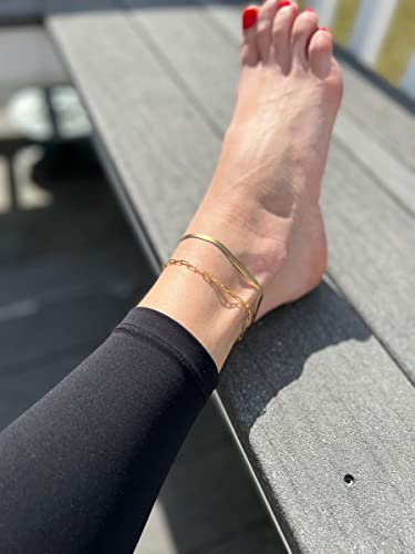 Dearmay Gold Anklets 14K Gold Bracelets 3Pcs Herringbone Paperclip Anklets Set Layered Cute Summer Beach Jewelry Gift For Women Teen Girls #TOP5