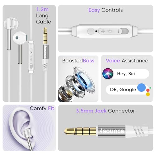 Image of Sounce BassPulse In Ear 3.5mm Wired Headset with Deep Bass 14.2mm Dynamic Driver HD Mic In-Line Music Controls Tangle-Free Durable TPE Cable Sweatproof Lightweight Earphones for Phones Tablets (White)