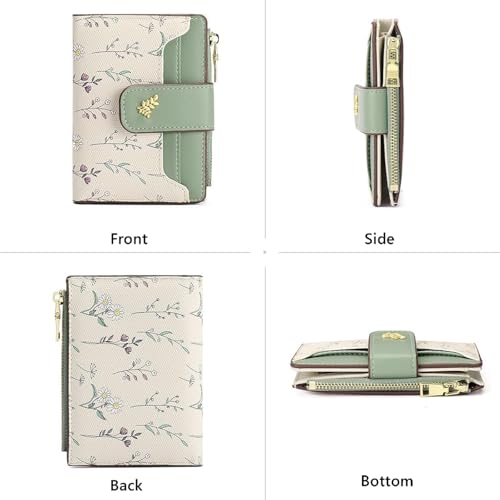 Image of Small Wallets for Women Leather Bifold Zipper Pocket Wallet Cute Flower Credit Card Holder Coin Purse with ID Window