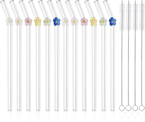 DUMING-IN 12 pajitas de vidrio reutilizables con 4 cepillos de limpieza, bonitas pajitas de vidrio de flores coloridas resistentes a los golpes, pajitas reutilizables, aptas para lavavajillas para