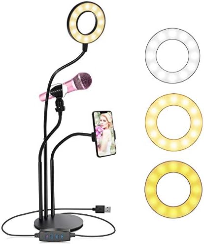 Selfie Ring Light Stand with Microphone Holder, SilkRd LED Ring Light for Live Stream/Makeup/YouTube Video，[3-Light Mode] [10-Level Brightness] Compatible with iPhone & Phone Android (Upgraded)