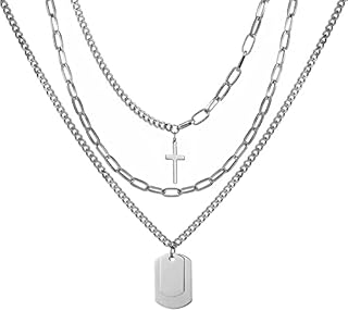 SZXMDKH Rocker Pendant Necklace, Punk Necklace 925 Sterling Silver Necklace Chain Long Chain Necklace Choker Punk Long Chain Necklace Cross Long Multilayer Chains Statement Lock Key Pendant Necklace