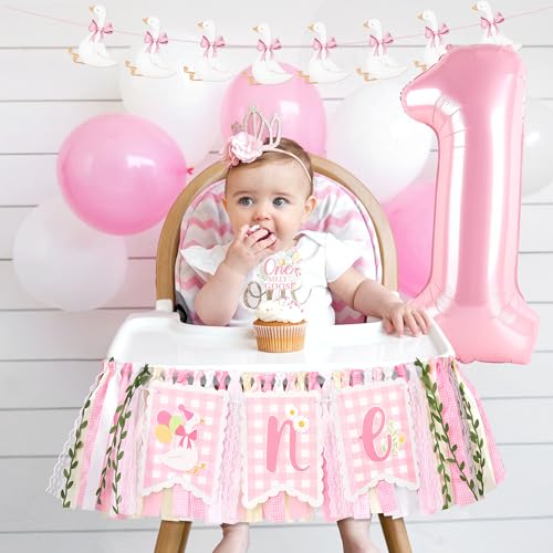 Image of Kriyokiaa One Silly Goose High Chair Banner One High Chair Banner Girl Photo Backdrop First Birthday Decorations for Girl Wall Hanging Decorations for Kids Bedroom
