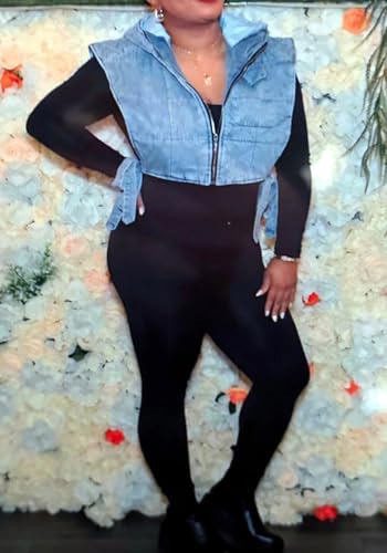 Vaceky Women's Denim Cropped Puffer Vest Sleeveless Zip up Hoodie Jean Jacket Outerwear3