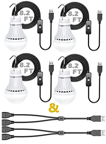 VTpower 4 Pack Portable LED Bulb, 5W USB LED Camping Light for Garage Warehouse Car Truck Fishing Boat Outdoor Emergency Light Children Bed Room, 2.5m/8.2ft Extension Cord…