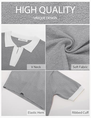Kate Kasin Women Summer Color Block Knitted Tee Shirt Casual Short Sleeve Ribbed Hem Sweater Tops Light Grey M — view 4