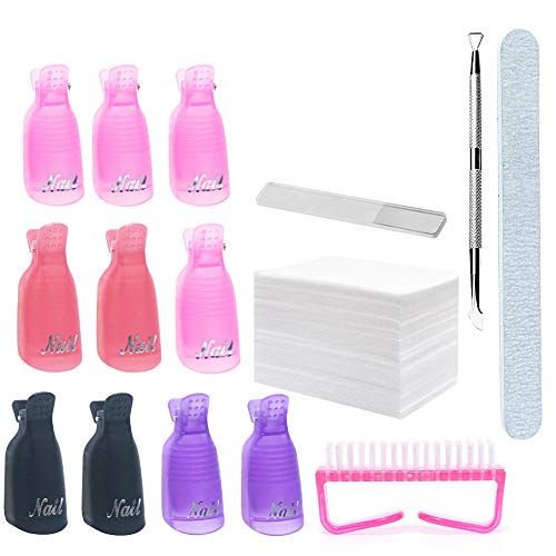 krofaue Nail Polish Gel Remover Tools Set Kit - 10pcs Gel Clip Remover, Nail Remover Cotton Pads, Nail Files 100/180 Nano, Glass Nail File Stainless Steel Cuticle Peeler and Nail Brush DIY