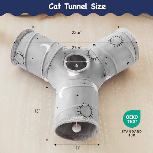 Image of Tempcore Cat Tunnel for Indoor Cats, 3 Way Collapsible Pet Play Tunnel with Teaser Wand, Peek Holes & Hanging Ball, Interactive Tube for Kittens & Rabbits, Grey Sun