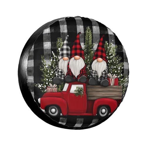 Red Truck with Christmas Gnomes Spare Tire Cover Universal for Rv Suvs Trucks Camper Travel Trailers, New Year Waterproof Polyester Wheel Protector Covers,16 inch