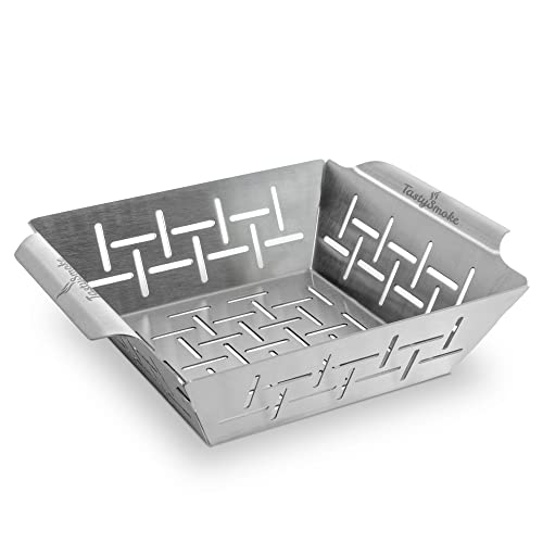 Tastysmoke® Premium Stainless Steel Grill Basket Usable As Vegetable Basket, Fish Grill Basket And Grill Tray - Universally Applicable And Particularly Durable Grill Pan For The Grill - The Ideal Grill Accessory (Medium Basket) #TOP10