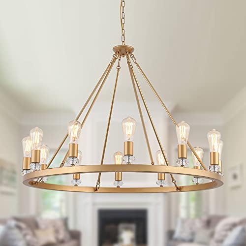 MEIXISUE Large Modern Wagon Wheel Chandelier Gold Metal Round Luxury Industrial Country Chandelier Light Fixture for Dining Room Living Room Foyer Entryway W40.55 12-Lights UL Listed
