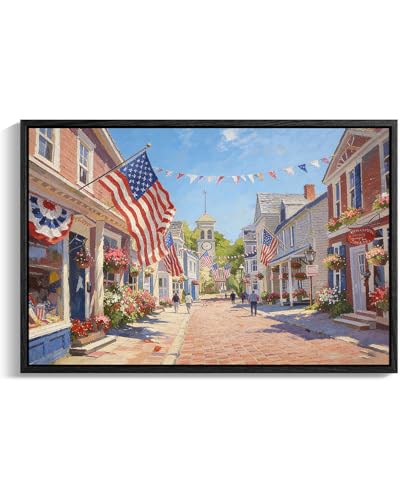 Image of American Flag Framed Canvas Wall Art, 4th of July Red White Blue Canvas Prints, USA Flag with Small Town Street Patriotic Decorations, Independence Day Wall Decor for Bedroom Living Room 12x16