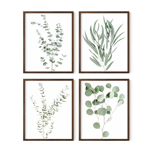 HAUS AND HUES Botanical Plant Wall Art - Set of 4 Prints, Floral Kitchen Decor, Eucalyptus Wall Art, Green Botanical Poster (Walnut Frame, 8x10) by HAUS AND HUES - Used condition - US$34.47