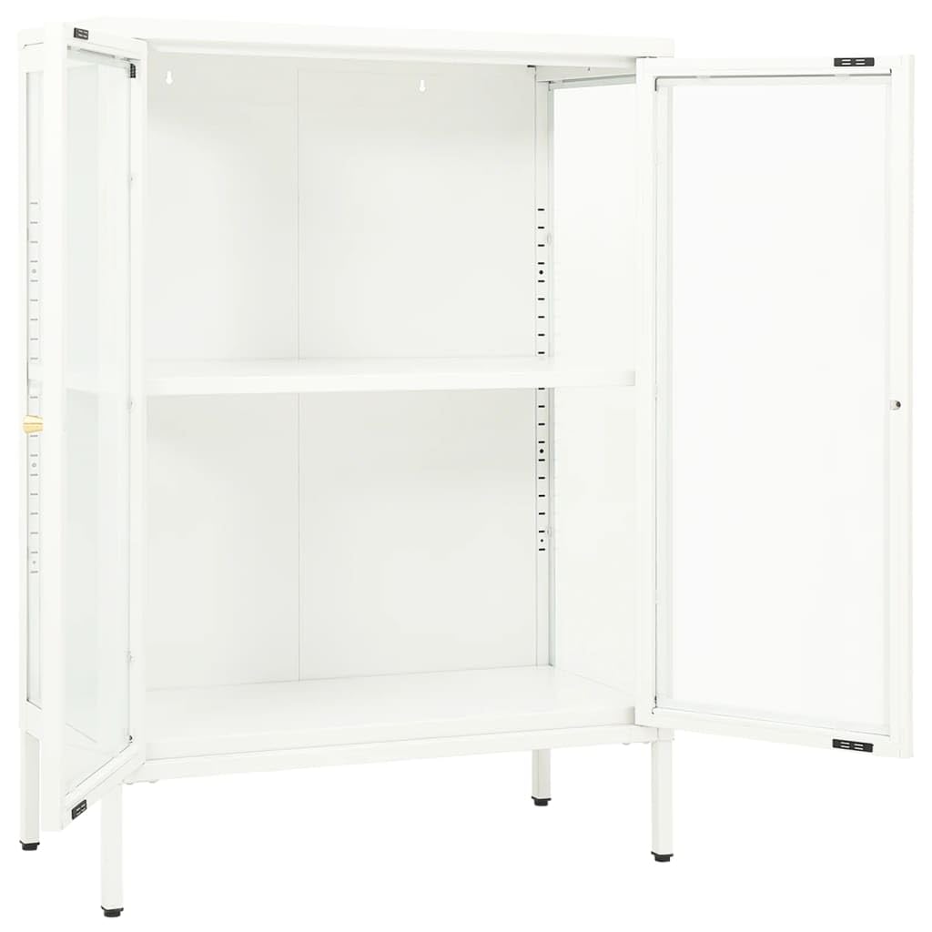 Aparador blanco de 75 x 35 x 105 cm, de acero con recubrimiento en polvo y cristal templado, con estantes ajustables, ideal como armario de almacenamiento para salón y cocina