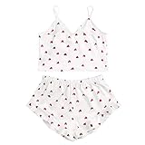 Schlafanzüge Für Damen Satin Pyjamas Sets Herz Bedruckte V-Ausschnitt Unterhemd Shorts Nachtwäsche Nachtanzug Damen Nachtwäsche Nachtwäsche Set Nachthemd Homewear Anzug Für Frühling Sommer Herb