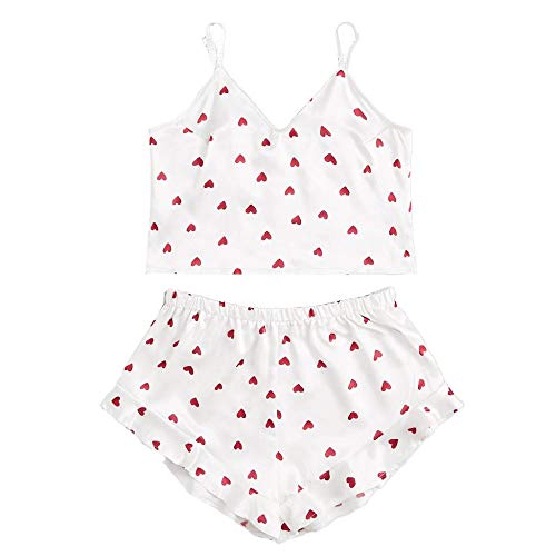 Schlafanzüge Für Damen Satin Pyjamas Sets Herz Bedruckte V-Ausschnitt...