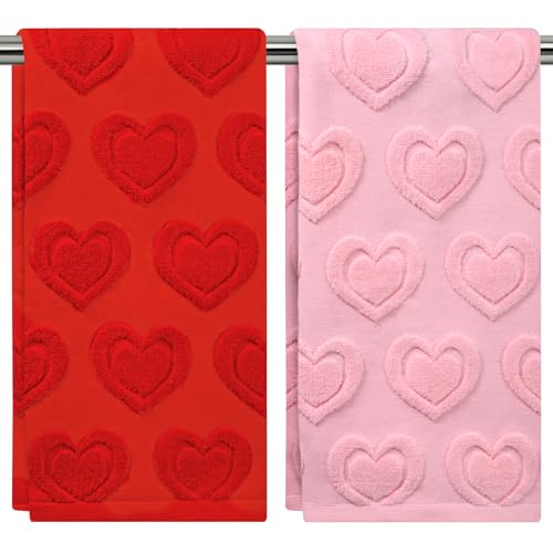 Heirloom Haven 2PCS Valentines Day Hand Towels Red Pink Love Heart Bath Towels Set 100% Cotton Decorative Soft Absorbent for Holiday Decorative Cooking Cleaning Drying 13.7 x 29.5 Inch