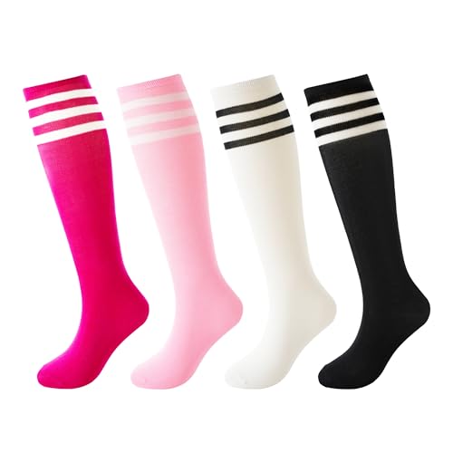 BISOUSOX Soccer Socks Kids Youth Girls Socks 6-8 Years Old Knee High Socks 10 12 Uniform Long Cotton Boys Athletic Stripe