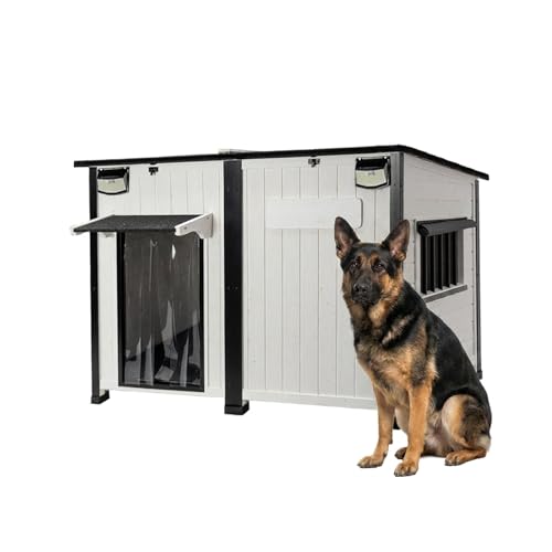 55" L Large Wooden Dog House Outdoor, Heavy Duty Weatherproof Kennel with Asphalt Roof, Motion Sensor Light & Chew-Proof Waterproof Mat, for Medium Large Dogs Up to 220 lbs