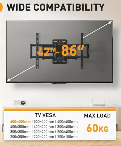 Perlegear TV Wall Bracket for 42–86 Inch Flat/Curved TVs up to 60 kg, Tilt and Swivel Wall Brackets with Dual Arms, Full Motion TV Wall Mount Max VESA 600x400mm, PGLF12