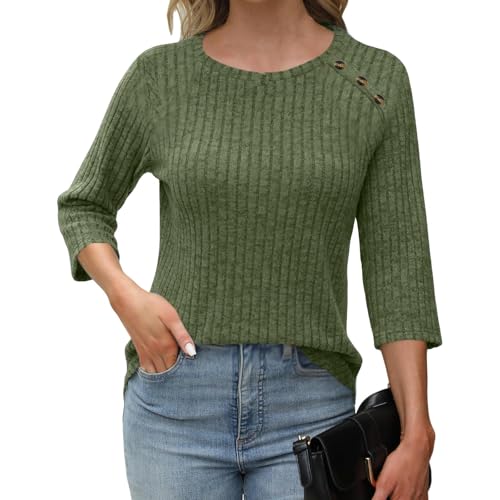 Womens Sweaters Fall Fashion 3/4 Length Sleeve Tops Crew Neck Button Shirts Casual Pullover Solid Clothes4