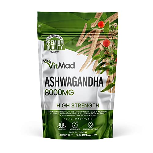 Ashwagandha 8000mg, Pure High Strength Ashwagandha Root Extract Withanolides, Mood, Stress, Anxiety, 90 Vegan Capsules