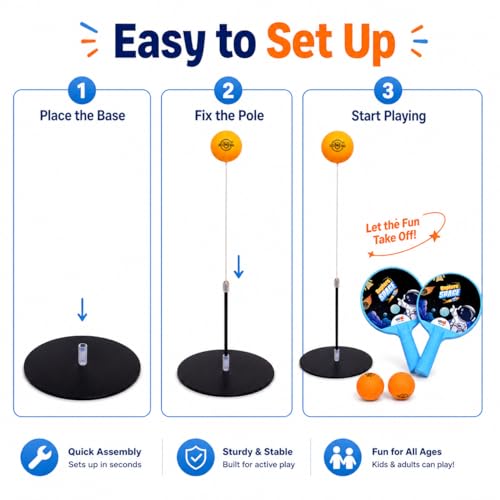 Image of Space Theme Table Tennis Trainer for Kids|Indoor Ping Pong Set with Elastic Rebound Shaft|Includes 1 Base,2 Rackets,2 Balls & 1 Wire Sleeve|Active Sports Toy for Reflex & Coordination