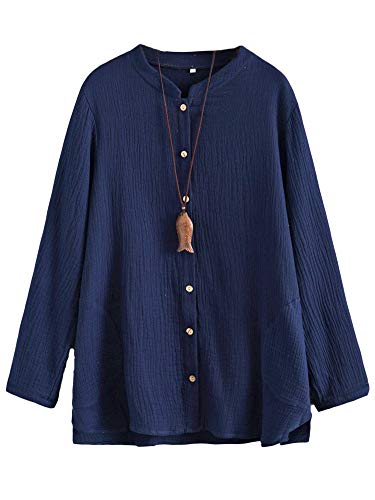 Minibee Women's Cotton Blouse Cardigan Loose Shirt Coat Hi-Low Hem Outfit Button Down Tunic Top with Pockets Blue XL