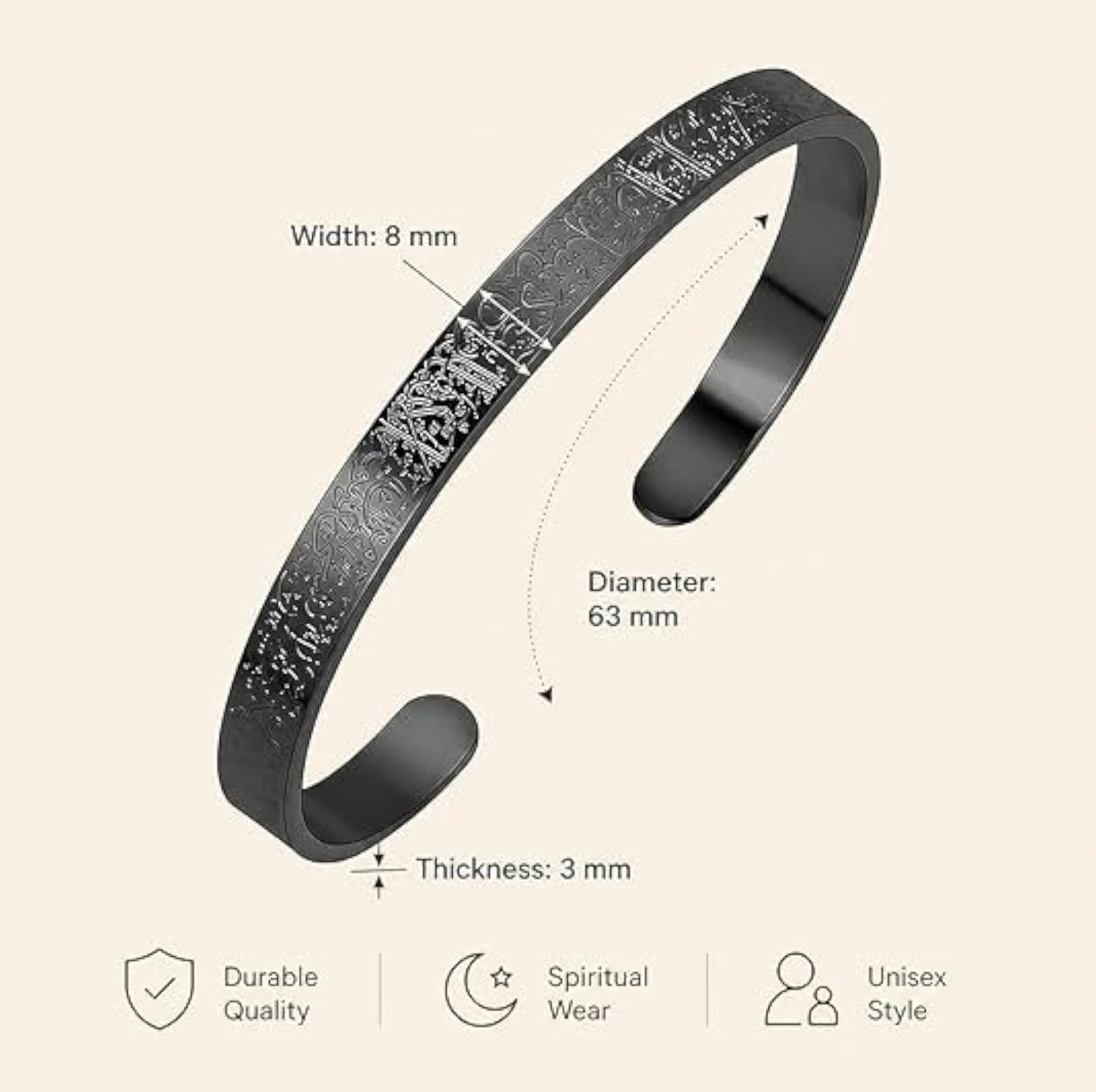 Premium Black Stainless Steel Ayatul Kursi Engraved Cuff Kada