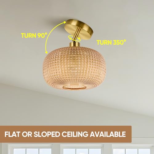 ROTTOGOON Semi Flush Mount Ceiling Light, Adjustable Hanging Gold Sloped Ceiling Lights with Amber Glass Shade Modern Hallway Light Fixtures for Kitchen Bathroom Entryway Bedroom (Bulb Not Included) by ROTTOGOON - Used condition - Image 5