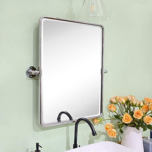 Image of TEHOME 20 x 24 inch Farmhouse Chrome Metal Framed Pivot Rectangle Bathroom Mirror Rounded Rectangluar Tilting Beveled Vanity Mirrors for Wall
