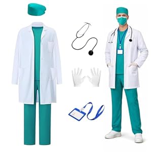 Arzt Kostüm für Erwachsene, Arzt Kostüm Karneval, Doktor Kostüm Set mit Arztkittel, Doktorhut, Arztmaske, Oberteil, Handschuhe, Hose und Stethoskop, Doktorkostüm Chirurgen Fasching Karneval