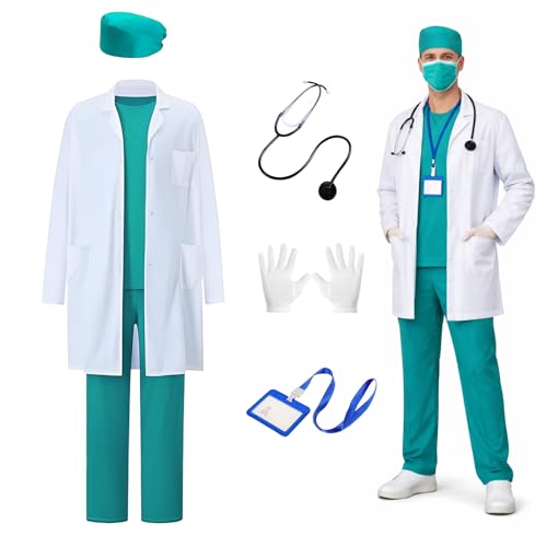 Arzt Kostüm für Erwachsene, Arzt Kostüm Karneval, Doktor Kostüm Set mit Arztkittel, Doktorhut, Arztmaske, Oberteil, Handschuhe, Hose und Stethoskop, Doktorkostüm Chirurgen Fasching Karneval