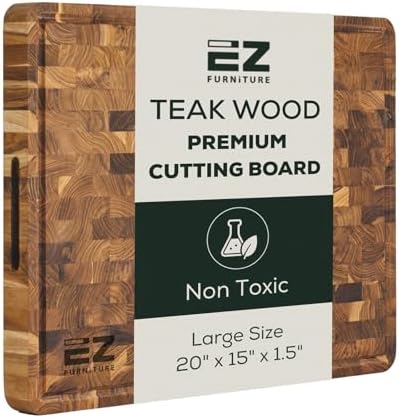 EZ FURNITURE Large (L) Teak End Grain Cutting Board, Reversible, Knife-Friendly Charcuterie Butcher Block with Juice Groove & Handles, Non-Toxic, Gift Box Included (20" x 15" x 1.5")