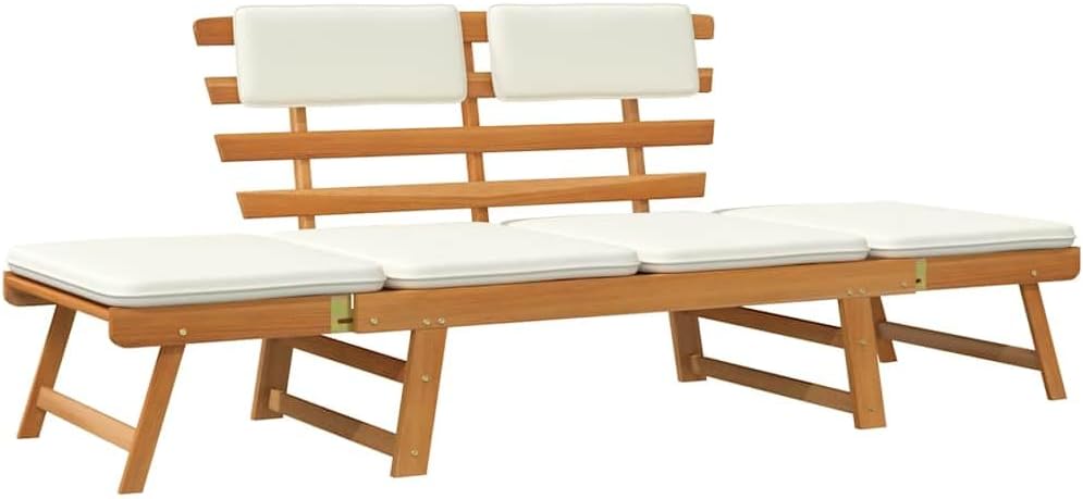Outdoor Garden Bench and Day Bed Convertible Sun Lounger, Solid Acacia Wood Patio Furniture for Balcony, Porch, or Sunroom, Light Brown and Cream