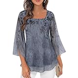 BSBUY Damenblusen 3/4 Arm Elegant   Lässig Quadratischer Kragen Chiffon Longshirt, Mesh Doppellagiges Sommer Loose Fit Chiffon Bluse Top, Basic Shirts für Alltags Arbeit Frühling Herbst (Blau, XL)
