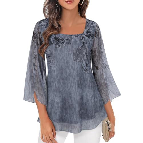 BSBUY Chemisier à Manches 3/4 Longue Grande pour Femme, Chemisier d'été élégant en Mousseline de Soie, Blouse Décontracté Imprimé Floral Tunique Ample, Top...