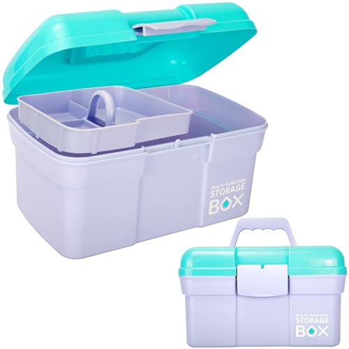 TERGOO 11in Mutipurpose Storage Box Organizer with Removable Tray, Portable Small Craft Organizer with Handle, Plastic Clear Tool Box Art Case for Makeup, Sewing, Nail, Hair Accessories (Purple Blue)